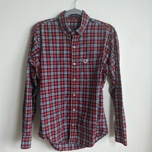 Fred Perry Plaid Button Down Shirt Red Tartan Laurel Logo Custom Fit Medium
